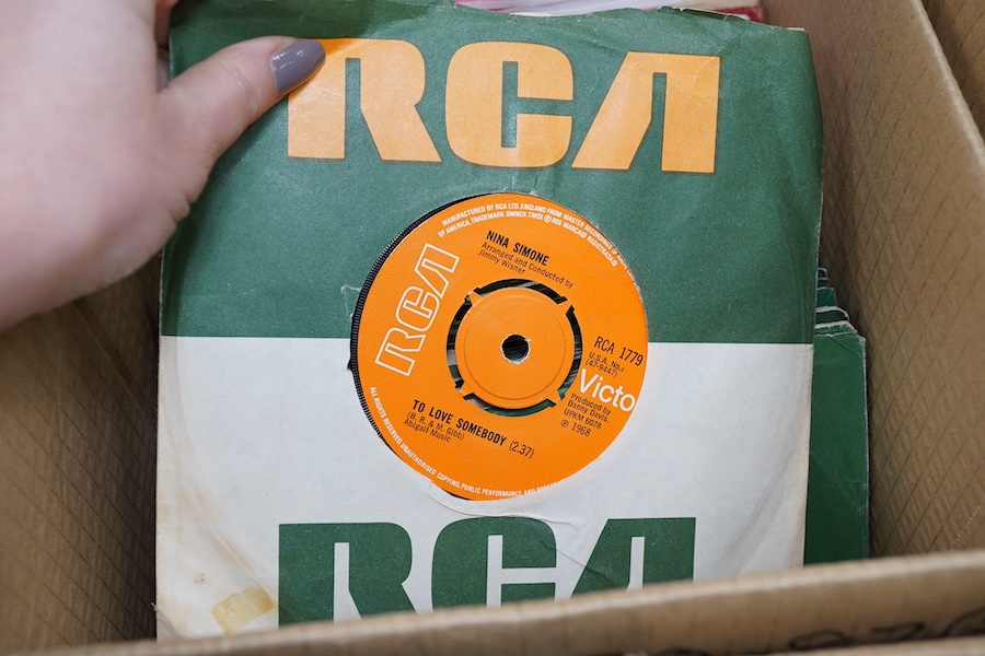 Three boxes of 7 inch singles, all on the RCA and Top Rank record labels, artists include; Nina Simone, Perry Como, the Everly Brothers, Elvis Presley, Duane Eddy, Sandy Nelson Craig Douglas, Neil Sedaka, Don Gibson, the